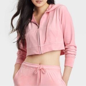 Cropped Baby Pink Velour Hoodie
